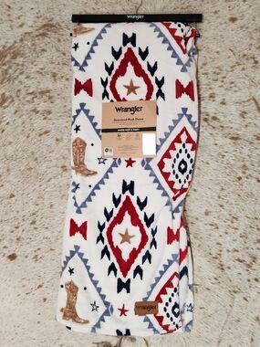 Wrangler White Plush Throw with Red, Navy & Tan Western Pattern